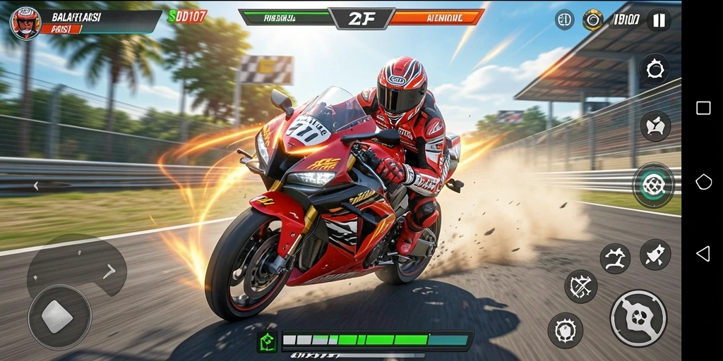 Screenshot gameplay SD107 menampilkan momen balapan motor yang mendebarkan.